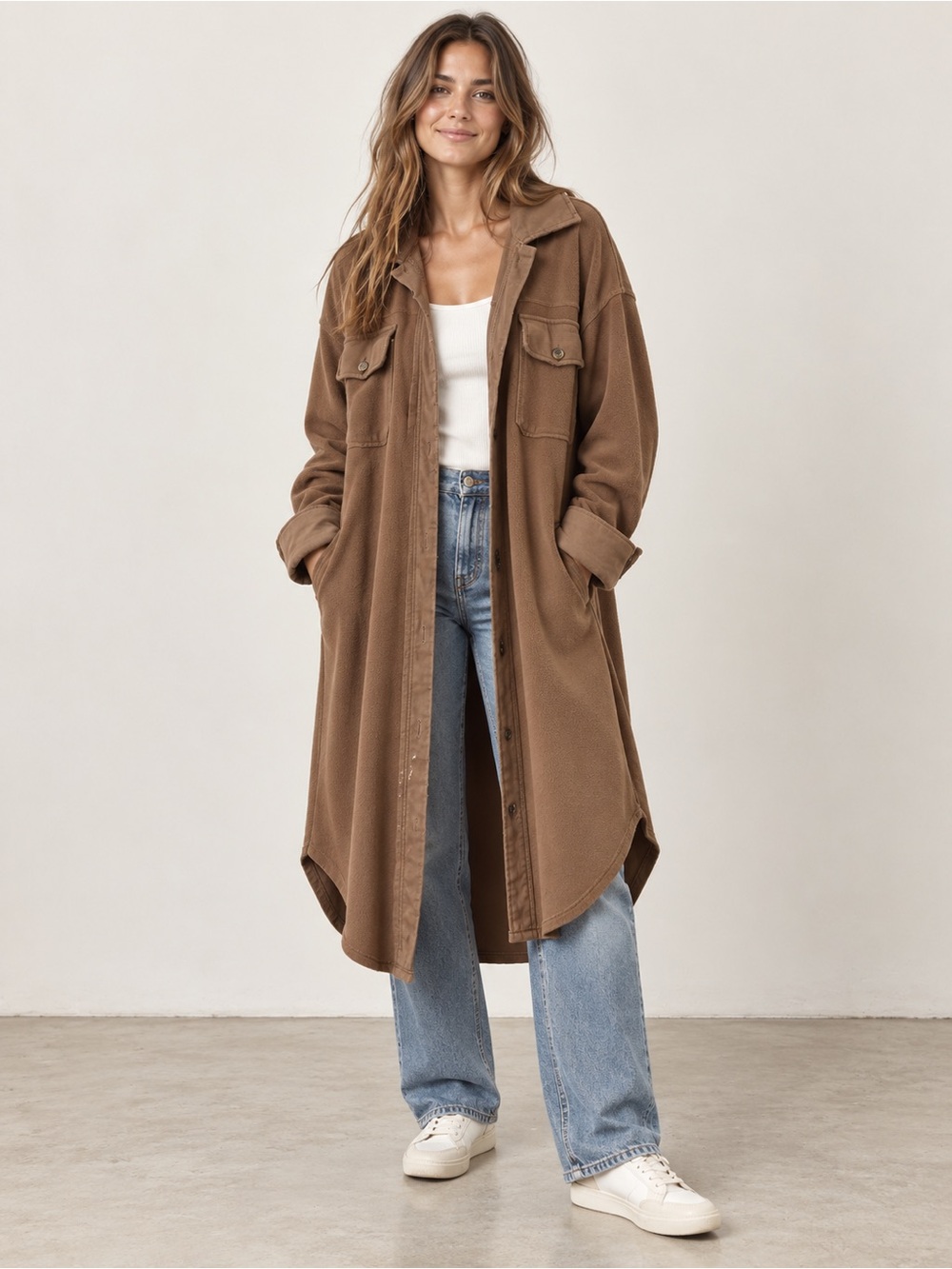 ADORA Oversized Brown Longline Trench Shirt Jacket
